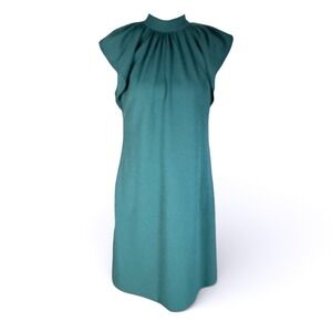CALVIN KLEIN Ruffle Cap Sleeve Gathered Mock Neck Sheath Dress Size 4 Green EUC